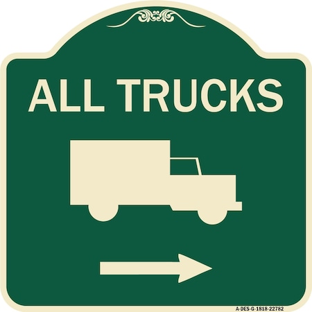 Trucks All Trucks With Truck Symbol & Right Arrow Heavy-Gauge Aluminum Architectural Sign